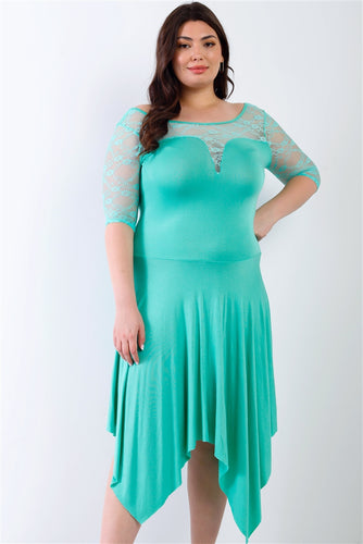 Plus Size Mint Midi Dress with Lace Detail and Handkerchief Hem