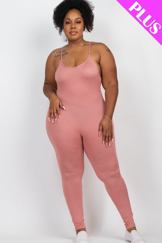 Plus Size Women's Solid Olive Bodycon Jersey Cami Jumpsuit