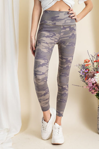 Olive Camouflage Printed Rayon Spandex Leggings, Mid Rise, Lightweight