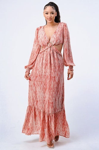 Women's Printed V Neck Maxi Dress with Self Belt and Side Cutouts