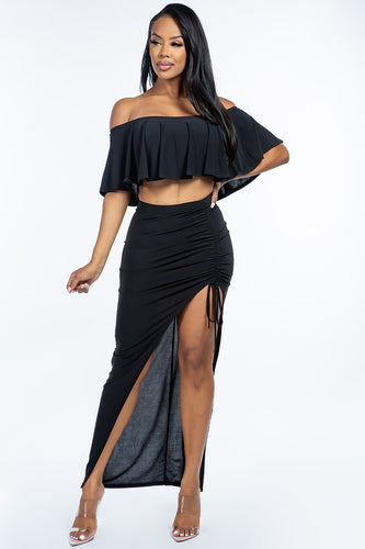 Solid City Off-The-Shoulder Ruffled Cropped Top and Ruched Maxi Skirt Two-Piece Set in Jade