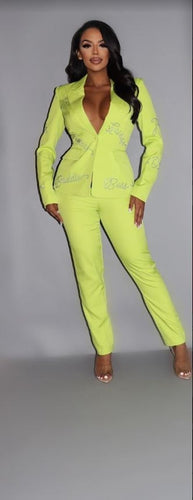 Women's  2 Piece Powersuit Blazer & Pants Set With Rhinestone Letterings On Blazer