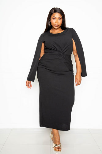 Cape Sleeve Dress with Knot Detail in Black, Plus Sizes