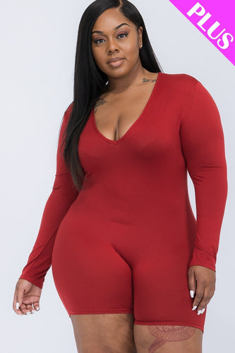 Plus Size Women's V-Neck Long Sleeve Bodycon Romper in Jersey