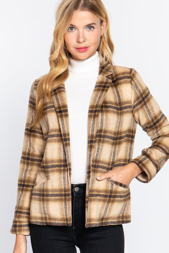 Taupe Brown Notched Collar Plaid Jacket Long Sleeve S M L
