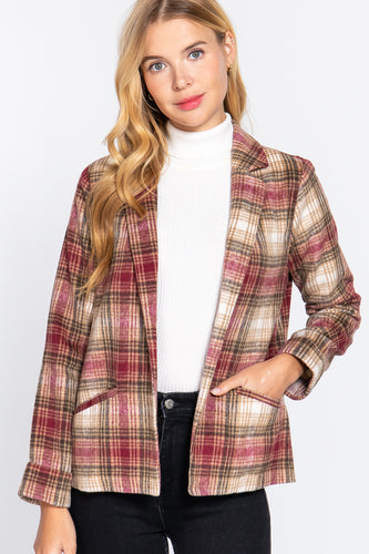 Wine Brown Notched Collar Plaid Jacket Long Sleeve Women's S M L