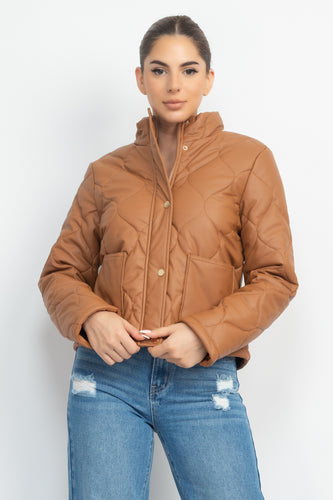 Camel Faux Leather Mock Neck Quilted Jacket with Zipper and Button Closure