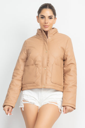 Taupe Faux Leather Mock Neck Quilted Jacket with Pockets