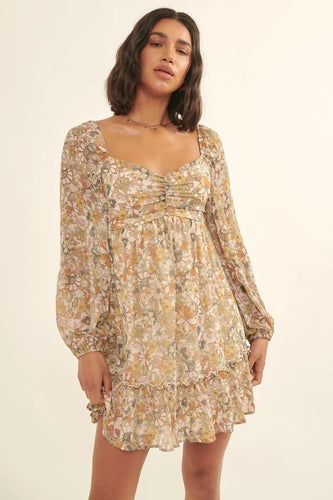 Women's Cream Floral Print Woven Mini Dress with Sweetheart Neckline