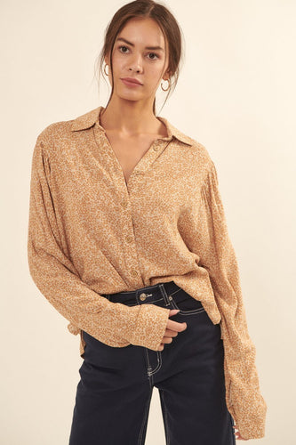 Women's Collared Floral-Print Rayon Shirt with Button Cuffs and Oversized Fit
