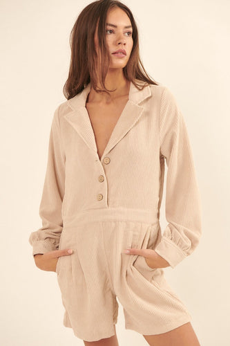 Woven Corduroy Romper with Lapel Collar and Elastic Waist
