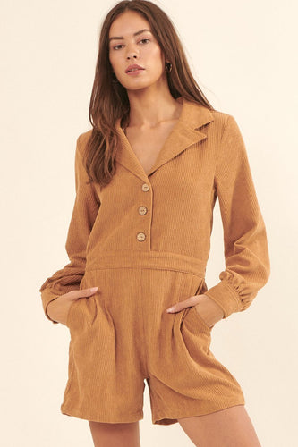 Woven Corduroy Romper with Lapel Collar and Elastic Waist