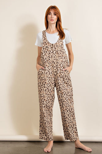 Leopard Print Jumpsuit with U Neckline in Mauve, Cotton, Relaxed Fit
