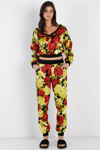 Women's Black Satin Effect Red Lime Floral V-Neck Top and Pants Set