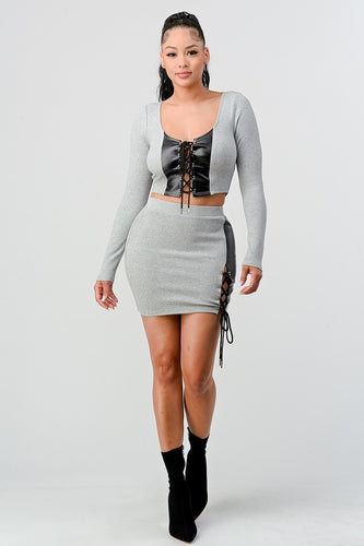 Women's  2 Piece Set With Cropped Long Sleeve Shirt With Pu Leather Detail Matching Mini Skirt