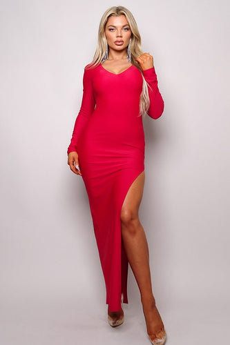 Women's Long Sleeve V Neck Open Back Maxi Dress with High Side Slit