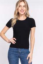 Short Sleeve Crew Neck Variegated Rib Knit Top