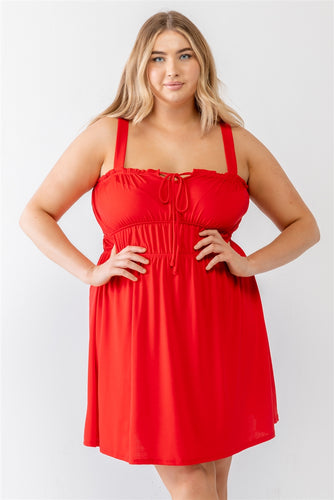 Plus Size Red Sleeveless Woven Mini Dress with Ruffle Trim and Tie Bow