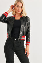 Black & Red Ribbed Vegan Leather Bomber Jacket