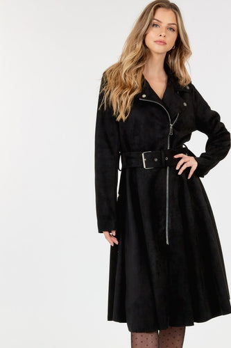Faux Suede Long Sleeve Coat with Waist Belt Solid Color