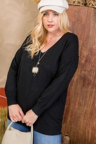 Plus Size V Neck 3/4 Sleeve Hi-Lo Sweater with Side Slit