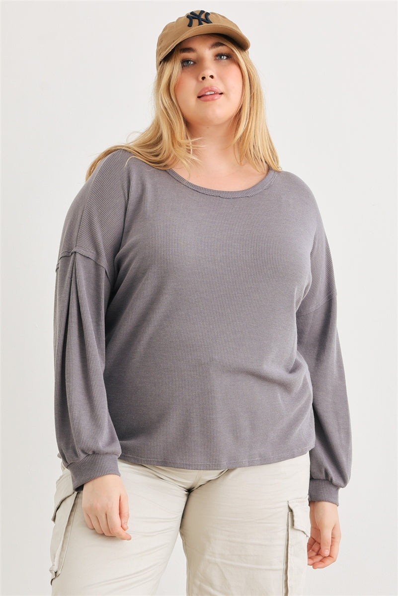 Plus Vintage Waffle Knit Long Sleeve Crossover Back Cut-out Top