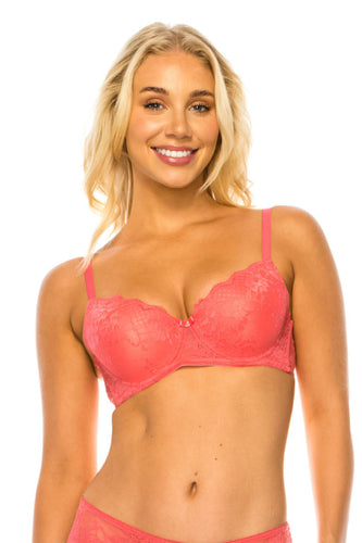Floral Lace Underwire Bra with Adjustable Straps in Calypso Coral