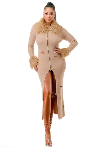 Diva Mode Women's Maxi Cardigan Dress with Faux Fur Collar and Cuffs