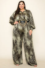 Satin Leopard Long Sleeve Button Down Palazzo Jumpsuit