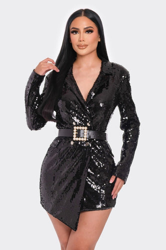 Women's Pearl Belted Sequin Mini Blazer Dress