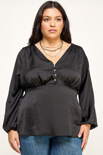 Plus Size Black Satin Babydoll Blouse with Waist Back-Tie