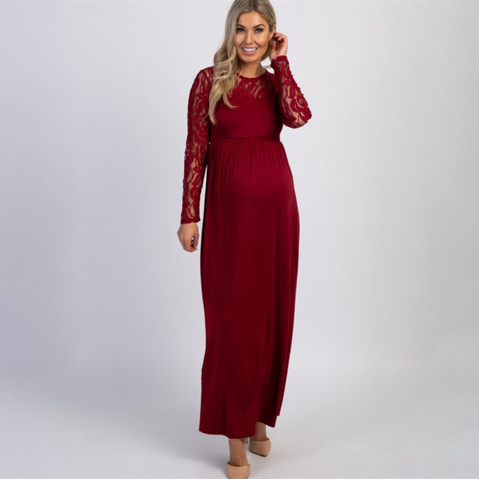 Women’s Lace Adorned Neckline And Long Sleeves Maxi Maternity Dress