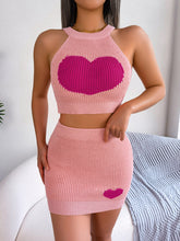 Women’s Love Print Knit Halter Neck Crop Top With Matching Mini Skirt