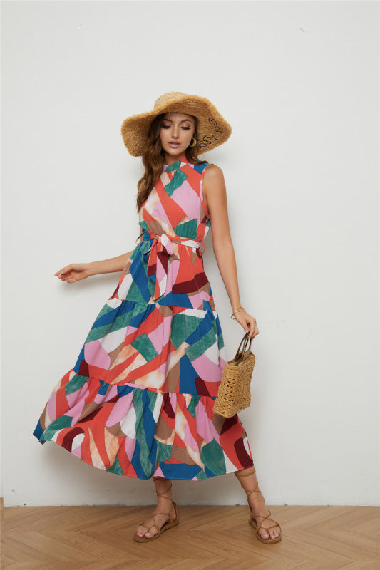 Women's Color Block Print Swing Sleeveless Dress