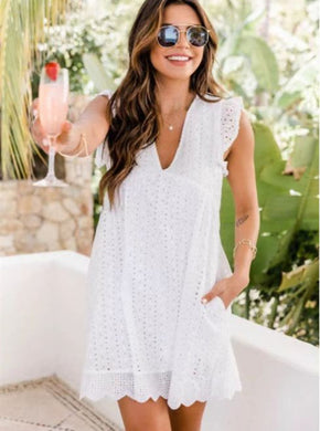 European and American lace stitching hollow V-neck dress for women