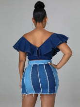 Women's High Waist Patchwork Washed Pleated Denim Skirt