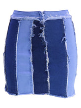 Women's High Waist Patchwork Washed Pleated Denim Skirt