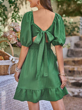 Square Neck Balloon Sleeve Tied Dress