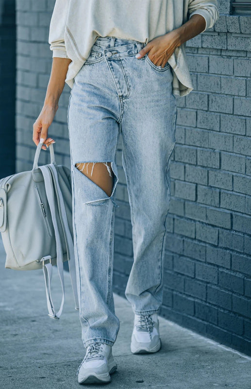 Women's Irregularly Ripped Denim Trousers