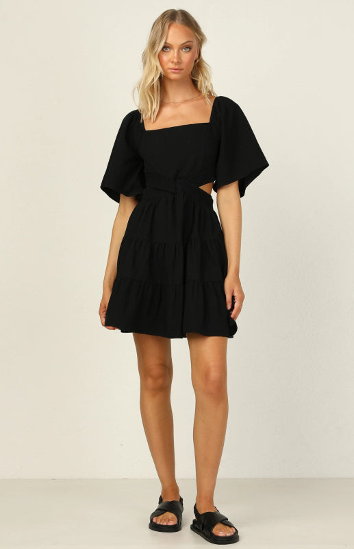 Women's Solid Color Elastic Waist Fresh and Sweet Short Dress