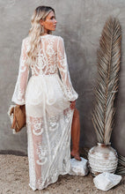 Lace Long Sleeve Deep V Solid Color Hollow Dress