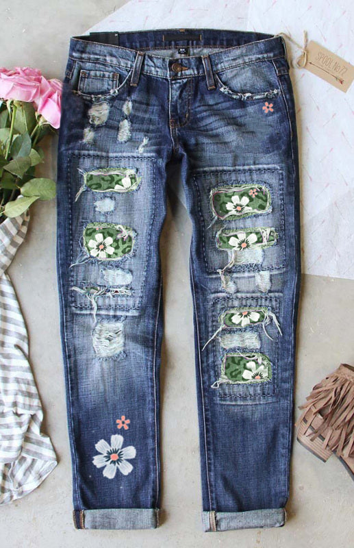 Women's Long Ripped Printed Casual Jeans