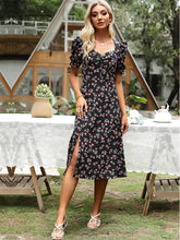 European and American floral dress v-neck puff sleeve French dress