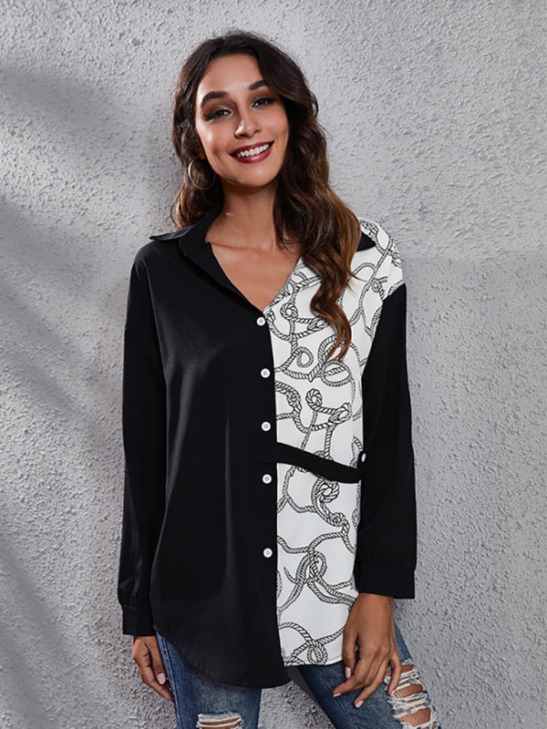 Women's polka chain checkerboard mosaic Long Sleeve Shirt