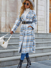 Woman'S Autumn New Blue And White Plaid Long Sleeve Pocket Cardigan Trench Coat