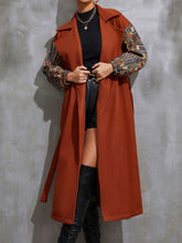 Women’s Long Collared Overcoat With Patchwork Sleeves And Front Waist Tie