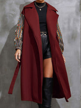 Women’s Long Collared Overcoat With Patchwork Sleeves And Front Waist Tie
