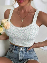 Women’s Ribbed Baby Flower Lace Cami Top With Thick Straps And Bustier Hemline