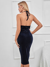 Women's fashion temperament halter blue velvet dress