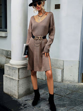 Women’s Off The Shoulder Loose V Neck Ribbed Sweater Dress With Slit